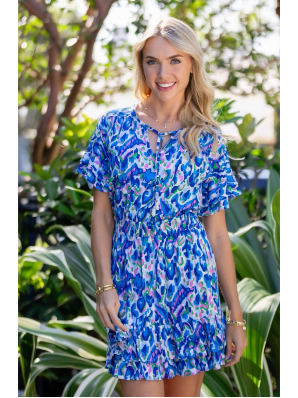 Walker & Wade NEW Courtney Floral Cobalt Blue & Pink V-Neck Short Dress Large